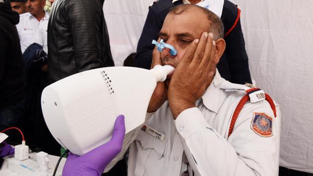 Amid Delhi’s air pollution crisis, the city’s traffic police organised a three day health check-up camp for its officers beginning Monday. Among preliminary findings, one in seven traffic policemen in Delhi was diagnosed with respiratory disorders, in the camp aiming to evaluate the effects of air pollution on the health of the force. (Raj K Raj / HT Photo) Amid Delhi’s air pollution crisis, the city’s traffic police organised a three day health check-up camp for its officers beginning Monday. Among preliminary findings, one in seven traffic policemen in Delhi was diagnosed with respiratory disorders, in the camp aiming to evaluate the effects of air pollution on the health of the force. (Raj K Raj / HT Photo)