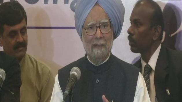 Former prime minister Manmohan Singh at the press conference in Rajkot on Thursday. (ANI Twitter) Former prime minister Manmohan Singh at the press conference in Rajkot on Thursday. (ANI Twitter)