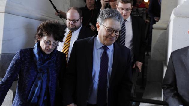 US senator Al Franken departs the US Capitol with his wiife Franni after announcing his resignation amid allegations of sexual misconduct in Washington on December 7, 2017. (Reuters) US senator Al Franken departs the US Capitol with his wiife Franni after announcing his resignation amid allegations of sexual misconduct in Washington on December 7, 2017. (Reuters)