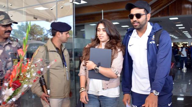 Indian cricket team skipper Rohit Sharma arrives in Dharamsala with his wife. (SHYAM SHARMA/HT PHOTO) Indian cricket team skipper Rohit Sharma arrives in Dharamsala with his wife. (SHYAM SHARMA/HT PHOTO)