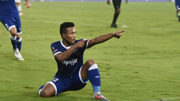 Chennaiyin FC’s Jeje Lalpekhlua celebrates after scoring a goal against ATK during their Indian Super League (ISL) match at the Jawaharlal Nehru Stadium in Chennai on Thursday.(PTI) Chennaiyin FC’s Jeje Lalpekhlua celebrates after scoring a goal against ATK during their Indian Super League (ISL) match at the Jawaharlal Nehru Stadium in Chennai on Thursday.(PTI)