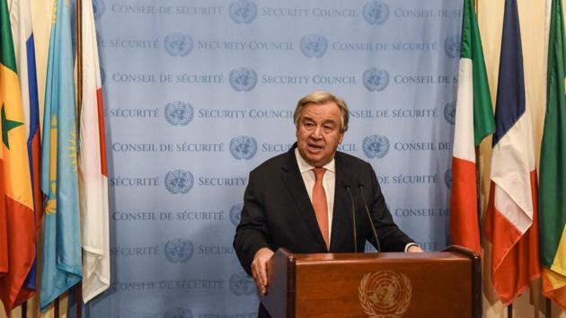 UN Secretary General Antonio Guterres delivers remarks in New York City on December 6, 2017. Not mentioning Trump’s decision, he said that “in this moment of great anxiety, I want to make it clear: there is no alternative to the two-state solution. There is no Plan B.” Guterres said he’ll do “everything in my power” to promote the return to negotiations “and to realise this vision of a lasting peace for both people.” (Stephanie Keith / Getty Images / AFP) UN Secretary General Antonio Guterres delivers remarks in New York City on December 6, 2017. Not mentioning Trump’s decision, he said that “in this moment of great anxiety, I want to make it clear: there is no alternative to the two-state solution. There is no Plan B.” Guterres said he’ll do “everything in my power” to promote the return to negotiations “and to realise this vision of a lasting peace for both people.” (Stephanie Keith / Getty Images / AFP)