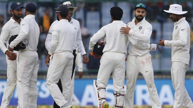 Indian cricket team captain Virat Kohli, second right, hugs his teammates after the third India vs Sri Lanka Test in New Delhi. (AP) Indian cricket team captain Virat Kohli, second right, hugs his teammates after the third India vs Sri Lanka Test in New Delhi. (AP)