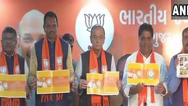 Finance minister Arun Jaitley releases BJP’s manifesto for Gujarat elections on Friday. (ANI) Finance minister Arun Jaitley releases BJP’s manifesto for Gujarat elections on Friday. (ANI)