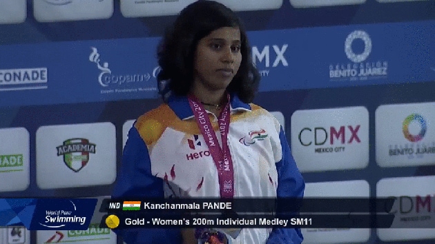 Kanchanmala Pande poses with the medal after her win at the World Para Swimming Championship. (YouTube) Kanchanmala Pande poses with the medal after her win at the World Para Swimming Championship. (YouTube)