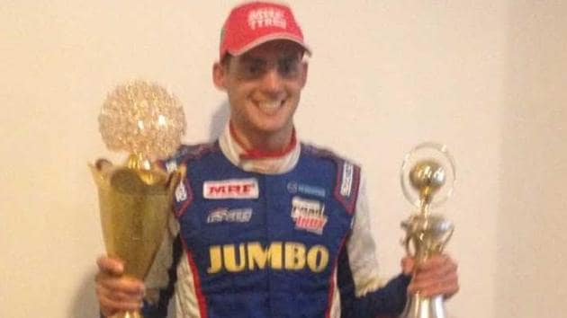 Rinus van Kalmthout celebrates after winning the second MRF Challenge 2017 race in Dubai. (HT Photo) Rinus van Kalmthout celebrates after winning the second MRF Challenge 2017 race in Dubai. (HT Photo)