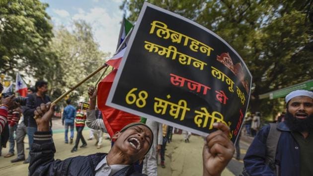 People participate in a protest march, held under the banner of Lok Raj Sangathan on the 25th anniversary of Babri Mosque Demolition from Mandi House to Parliament street in New Delhi. (Burhaan Kinu / HT Photo) People participate in a protest march, held under the banner of Lok Raj Sangathan on the 25th anniversary of Babri Mosque Demolition from Mandi House to Parliament street in New Delhi. (Burhaan Kinu / HT Photo)