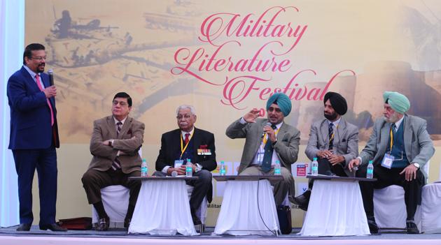 (From left) Vir Sanghvi moderating a session at the Military Literature Festival at Lake club in Chandigarh on Friday. (Anil Dayal/HT) (From left) Vir Sanghvi moderating a session at the Military Literature Festival at Lake club in Chandigarh on Friday. (Anil Dayal/HT)