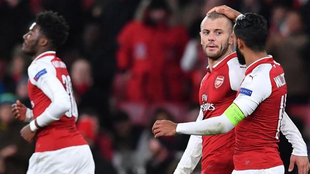 Jack Wilshere (C) guided Arsenal F.C. to a 6-0 win over FC BATE Borisov in the UEFA Europa League. (AFP) Jack Wilshere (C) guided Arsenal F.C. to a 6-0 win over FC BATE Borisov in the UEFA Europa League. (AFP)