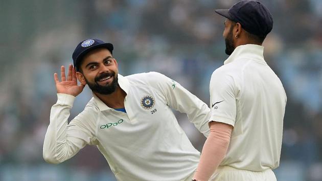 This file photo shows Indian team captain Virat Kohli (left) gesturing towards the crowd as teammate Shikhar Dhawan looks on during the fourth day of third Test cricket match between India and Sri Lanka at the Feroz Shah Kotla Cricket Stadium in New Delhi. (AFP File Photo) This file photo shows Indian team captain Virat Kohli (left) gesturing towards the crowd as teammate Shikhar Dhawan looks on during the fourth day of third Test cricket match between India and Sri Lanka at the Feroz Shah Kotla Cricket Stadium in New Delhi. (AFP File Photo)