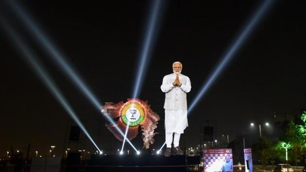 A life-size digital cutout of Prime Minister Narendra Modi was set up at Sabarmati Riverfront in Ahmedabad. (Kunal Patil/HT Photo) A life-size digital cutout of Prime Minister Narendra Modi was set up at Sabarmati Riverfront in Ahmedabad. (Kunal Patil/HT Photo)