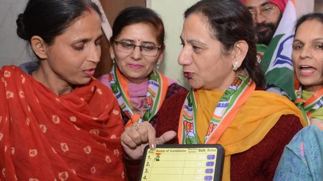 Congress candidate Jasleen Kaur Sethi showing her party symbol on a dummy EVM to a voter during a door-to-door campaign in Jalandhar on Thursday. (Pardeep Pandit/HT) Congress candidate Jasleen Kaur Sethi showing her party symbol on a dummy EVM to a voter during a door-to-door campaign in Jalandhar on Thursday. (Pardeep Pandit/HT)