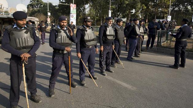 File photo of Pakistan police officers in Islamabad. The Chinese embassy has warned all “Chinese-invested organisations and Chinese citizens to increase security awareness”. (AP) File photo of Pakistan police officers in Islamabad. The Chinese embassy has warned all “Chinese-invested organisations and Chinese citizens to increase security awareness”. (AP)