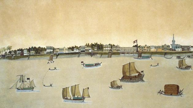A photograph of a painting by Captain J. Hammer, 1810, showing Serampur (Frederiksnagore) with Huglifloden in the foreground. (HT Photo) A photograph of a painting by Captain J. Hammer, 1810, showing Serampur (Frederiksnagore) with Huglifloden in the foreground. (HT Photo)
