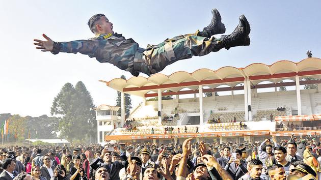 Newly commissioned officers celebrating after Passing out Parade at Indian Military Academy in Dehradun. (Vinay Santosh Kumar/HT PHOTO) Newly commissioned officers celebrating after Passing out Parade at Indian Military Academy in Dehradun. (Vinay Santosh Kumar/HT PHOTO)