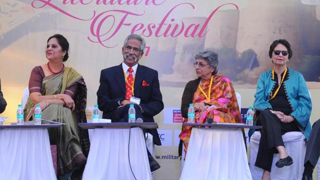 (From left) Rita JP Singh, Maj Gen AK Sengar (retd), Daulat Oberoi, Ashali Verma during one of the sessions at the Military Literature Festival 2017 in Chandigarh. (Anil Dayal/HT) (From left) Rita JP Singh, Maj Gen AK Sengar (retd), Daulat Oberoi, Ashali Verma during one of the sessions at the Military Literature Festival 2017 in Chandigarh. (Anil Dayal/HT)