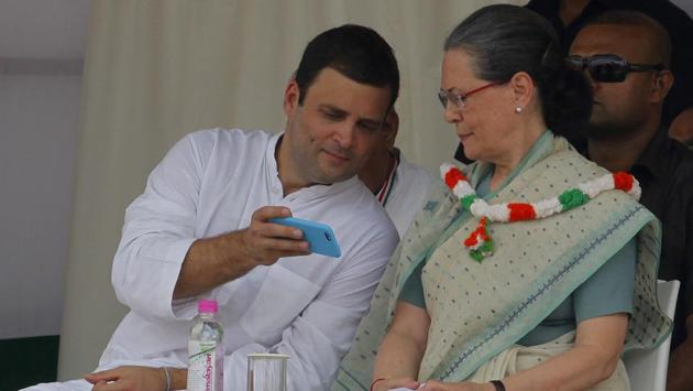 Congress Vice President Rahul Gandhi with Sonia Gandhi at the Ramlila Maidan in New Delhi. In the past two years, Sonia Gandhi has taken a backseat and the Congress has been gearing up to be led by her son. (Arvind Yadav / HT PHOTO)