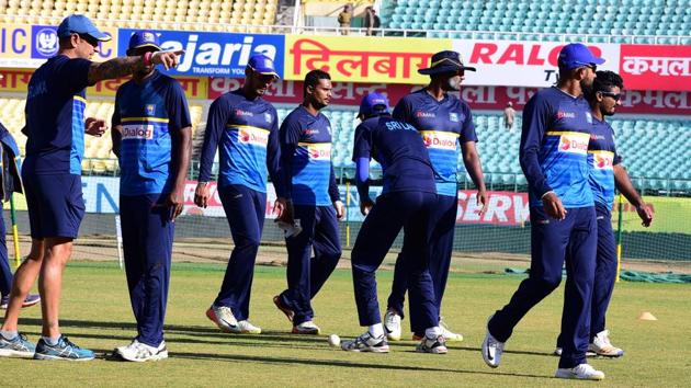 Sri Lankan cricket players during a practice session at Himachal Pradesh Cricket Association (HPCA) Stadium in Dharamsala on Saturday. (HT Photo)