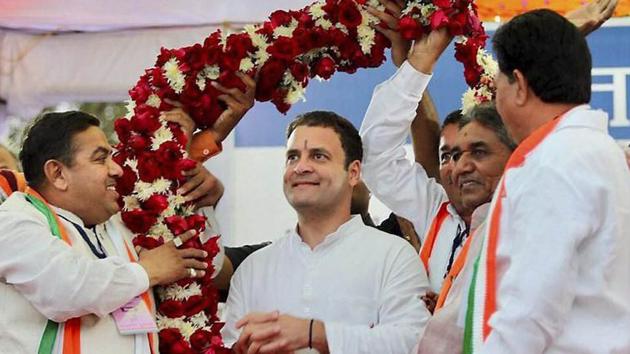 Congress vice-president Rahul Gandhi being garlanded in Limbasi village of Kheda district in Gujarat on Friday. (PTI) Congress vice-president Rahul Gandhi being garlanded in Limbasi village of Kheda district in Gujarat on Friday. (PTI)