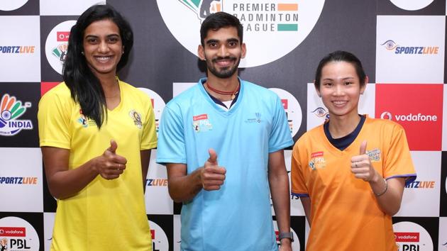PV Sindhu, Kidambi Srikanth and Women’s world No 1 Tai Tzu Ying during a Premier Badminton League (PBL) promotional event in Dubai on Sunday.(HT Photo)