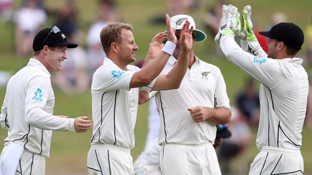 Neil Wagner (C) of New Zealand celebrates the wicket of West Indies Shane Dowrich during Day 2 of their second match on Sunday. (AFP) Neil Wagner (C) of New Zealand celebrates the wicket of West Indies Shane Dowrich during Day 2 of their second match on Sunday. (AFP)