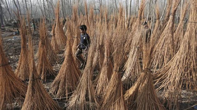 Stacks of willow twigs tied in bundles are left out to dry before being boiled on the outskirts of Srinagar. The traditional wicker craft is in its last throes with demand declining as time passes. A lack in promoting this indigenous craft and a gradual shift towards plastic alternatives are among primary cause for its dwindling state. (Waseem Andrabi / HT Photo) 