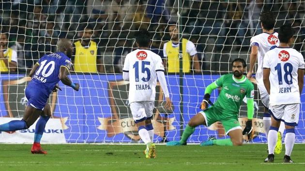 Achille Emana Edzimbi of Mumbai City FC scored the winner for his side against Chennaiyin FC. (ISL) Achille Emana Edzimbi of Mumbai City FC scored the winner for his side against Chennaiyin FC. (ISL)