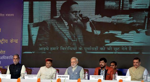 Prime Minister Narendra Modi with Union minister for social justice and empowerment Thaawar Chand Gehlot and MoSes Vijay Sampla, Ramdas Athawale (Modi’s left) and Krishan Pal at the dedication of Dr Ambedkar International Centre, in New Delhi. (PTI FILE) Prime Minister Narendra Modi with Union minister for social justice and empowerment Thaawar Chand Gehlot and MoSes Vijay Sampla, Ramdas Athawale (Modi’s left) and Krishan Pal at the dedication of Dr Ambedkar International Centre, in New Delhi. (PTI FILE)