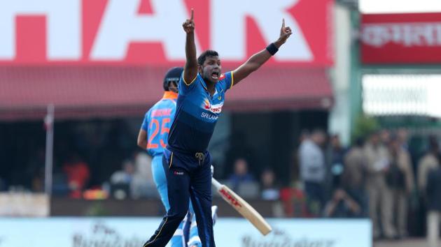 Angelo Mathews, who has been reduced by injury to an occasional bowler, dismissed Shikhar Dhawan LBW in the second over. (BCCI ) Angelo Mathews, who has been reduced by injury to an occasional bowler, dismissed Shikhar Dhawan LBW in the second over. (BCCI )