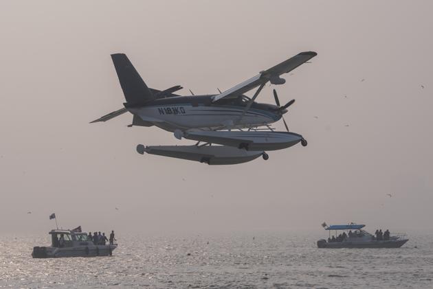 A seaplane prepares to touch down at Girgaum Chowpatty on Saturday (Pratik Chorge) A seaplane prepares to touch down at Girgaum Chowpatty on Saturday (Pratik Chorge)