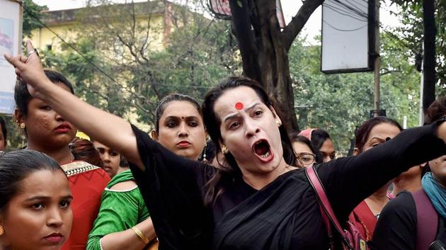 LGBTQ supporters raise slogans during 16th Kolkata Rainbow Pride Walk in Kolkata on Sunday. (Ashok Bhaumik / PTI) LGBTQ supporters raise slogans during 16th Kolkata Rainbow Pride Walk in Kolkata on Sunday. (Ashok Bhaumik / PTI)
