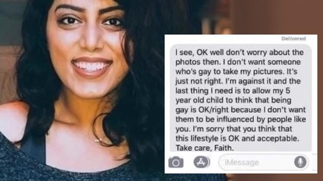 Faith Mary Grace (in the picture), a professional photographer from Mobile, Alabama, has said the woman decided to retract her request after she sifted through Grace’s social media account and found out that she is gay. Faith Mary Grace (in the picture), a professional photographer from Mobile, Alabama, has said the woman decided to retract her request after she sifted through Grace’s social media account and found out that she is gay.