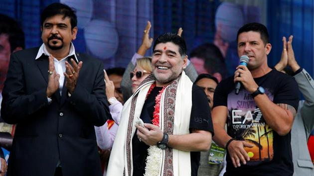 Diego Maradona was all smiles at the charity event. (REUTERS) Diego Maradona was all smiles at the charity event. (REUTERS)
