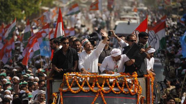 Rahul Gandhi during the Lok Sabha election campaign from Varanasi constituency in Varanasi on May 10, 2014. The 2014 general elections were Gandhi’s litmus test, but the incumbent Congress government faced a humiliating defeat as the BJP-led NDA claimed a landslide victory, winning 336 seats. The run-up to the elections were marked by a fierce contest. The BJP’s party machinery painted Rahul as the ‘shehzada.’ (Arun Sharma / HT Photo) 