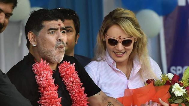 Maradona, who was joined by his wife, clearly enjoyed the experience. (PTI) Maradona, who was joined by his wife, clearly enjoyed the experience. (PTI)