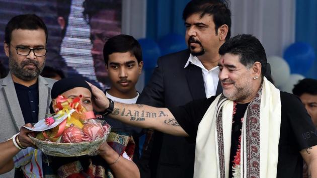 Maradona interacted with cancer patients during the programme. (PTI) Maradona interacted with cancer patients during the programme. (PTI)