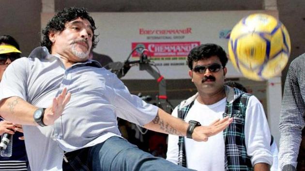 Diego Maradona shows his heading skills during an earlier visit to India. The former Argetine FIFA World Cup captain arrived in Kolkata on Sunday for a three-day visit. (PTI) Diego Maradona shows his heading skills during an earlier visit to India. The former Argetine FIFA World Cup captain arrived in Kolkata on Sunday for a three-day visit. (PTI)