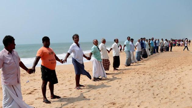 Family members of various fishermen, who are still missing following cyclone Ockhi, stage a protest near the sea in Kanyakumari on Sunday. (PTI) Family members of various fishermen, who are still missing following cyclone Ockhi, stage a protest near the sea in Kanyakumari on Sunday. (PTI)
