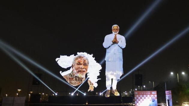 A life-size digital cutout of Prime Minister Narendra Modi set up at Sabarmati riverfront in Ahmedabad, on December 8, 2017. Modi is campaigning for the BJP as the state goes to polls for the assembly election.(Kunal Patil/HT Photo)