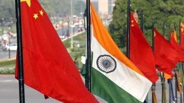 The national flags of China and India at Vijay Chowk on Rajpath in New Delhi.(HT FILE PHOTO)