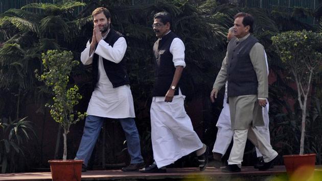 Rahul Gandhi followed by senior Congress leaders at AICC headquarters in New Delhi on February 6, 2015. On February 23, 2015, the Gandhi scion took an impromptu 56-day break from politics, prompting “missing” posters with his face in Amethi. It also drew a slew of political commentaries that painted Gandhi as a reluctant politician. In May, the same year, Gandhi’s office opened a Twitter account, which now has a following of 4.85 million. (Vipin Kumar / HT Photo) Rahul Gandhi followed by senior Congress leaders at AICC headquarters in New Delhi on February 6, 2015. On February 23, 2015, the Gandhi scion took an impromptu 56-day break from politics, prompting “missing” posters with his face in Amethi. It also drew a slew of political commentaries that painted Gandhi as a reluctant politician. In May, the same year, Gandhi’s office opened a Twitter account, which now has a following of 4.85 million. (Vipin Kumar / HT Photo)