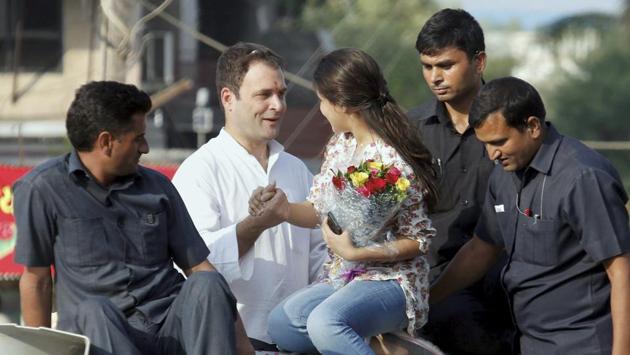 Congress vice-president Rahul Gandhi being greeted by a young supporter during his road show in Bharuch, Gujarat in 2017. Gandhi’s astute use of his Twitter account, laced with humour and sarcasm, challenged Modi government’s policies such as demonetisation and GST and increased his social media following. (PTI) Congress vice-president Rahul Gandhi being greeted by a young supporter during his road show in Bharuch, Gujarat in 2017. Gandhi’s astute use of his Twitter account, laced with humour and sarcasm, challenged Modi government’s policies such as demonetisation and GST and increased his social media following. (PTI)