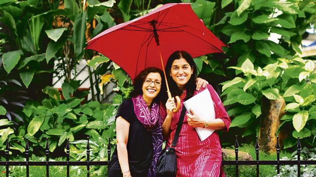 Actors Ratna Pathak Shah and Shernaz Patel on a rainy day at Prithvi Theatre. (Prasad Gori / HT Photo)