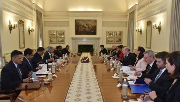 Foreign secretary S Jaishankar and defence secretary Sanjay Mitra at the inaugural “2+2 dialogue” with Australia in New Delhi. (Raveesh Kumar/TWitter) Foreign secretary S Jaishankar and defence secretary Sanjay Mitra at the inaugural “2+2 dialogue” with Australia in New Delhi. (Raveesh Kumar/TWitter)