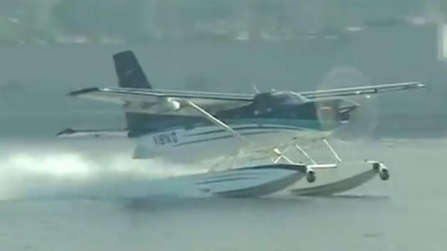 The seaplane that will carry the Prime Minister does a test run in Ahmedabad on Tuesday.(ANI/Twitter)