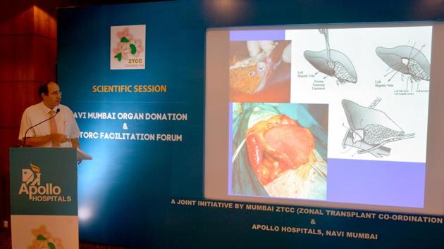 Professor Darius F Mirza, head of liver transplantation, Apollo Hospitals, addresses the medical fraternity in Navi Mumbai on organ donation. (HT Photo) Professor Darius F Mirza, head of liver transplantation, Apollo Hospitals, addresses the medical fraternity in Navi Mumbai on organ donation. (HT Photo)