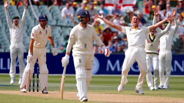 Australia's Josh Hazlewood appeals unsuccessfully for an LBW against England's Alastair Cook during the fourth day of the second Ashes cricket Test in Adelaide on December 5. The third Test starts in Perth on December 14. (REUTERS) Australia's Josh Hazlewood appeals unsuccessfully for an LBW against England's Alastair Cook during the fourth day of the second Ashes cricket Test in Adelaide on December 5. The third Test starts in Perth on December 14. (REUTERS)