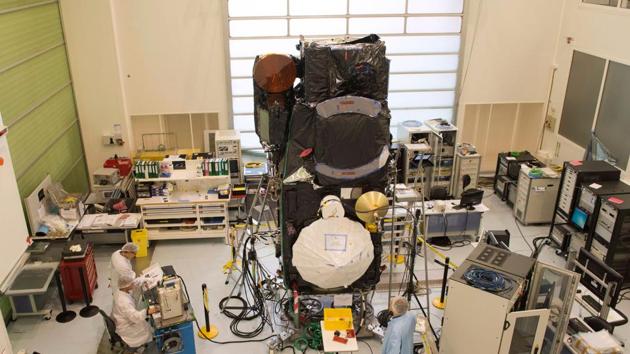 This file handout photo shows the Sentinel 3A satellite at the Thales Alenia Space facility in Cannes, southern France. The satellite measures sea-surface topography, sea and land-surface temperature, and ocean and land-surface colour, in support of ocean and weather forecasting systems. (AFP) This file handout photo shows the Sentinel 3A satellite at the Thales Alenia Space facility in Cannes, southern France. The satellite measures sea-surface topography, sea and land-surface temperature, and ocean and land-surface colour, in support of ocean and weather forecasting systems. (AFP)