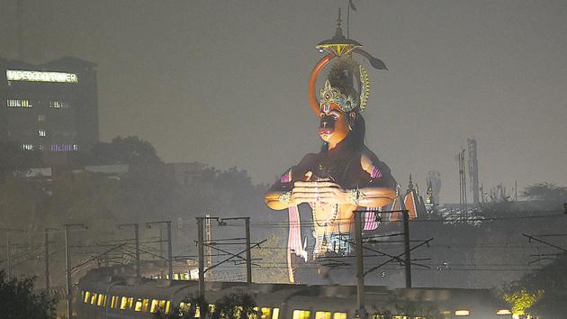 The illuminated statue of Lord Hanuman on the eve of Hanuman Jayanti at Karol Bagh in New Delhi.(Sanchit Khanna/HT File Photo)