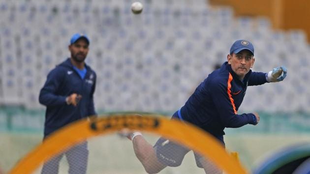Indian cricket team's MS Dhoni during fielding drills at the PCA Stadium in Mohali on Tuesday, on the eve of the second ODI against Sri Lanka cricket team. (AP)